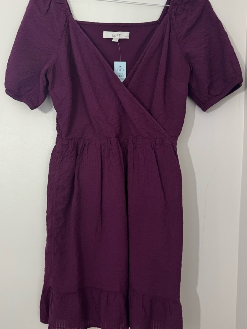 LOFT Plum Midi Wrap Dress with Puff Sleeves